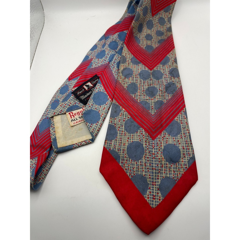 Vintage Regal All Silk Cravat Maison Blanche Blue Red Geometric Polka Dot Tie